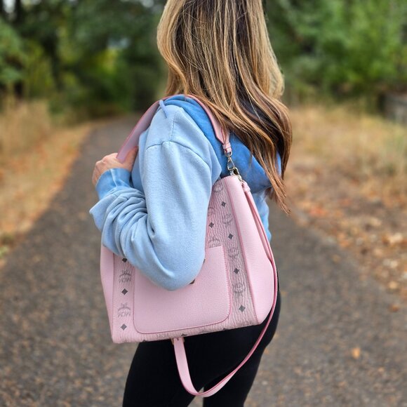 MCM Klara Leather Hobo Bag Powder Pink Monogram Crossbody Authentic - MSRP $1,01 - Picture 11 of 14